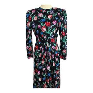 VTG Maggy London Jeannene Booher 100% Silk Floral Black Dress Size 10 Bloomcore